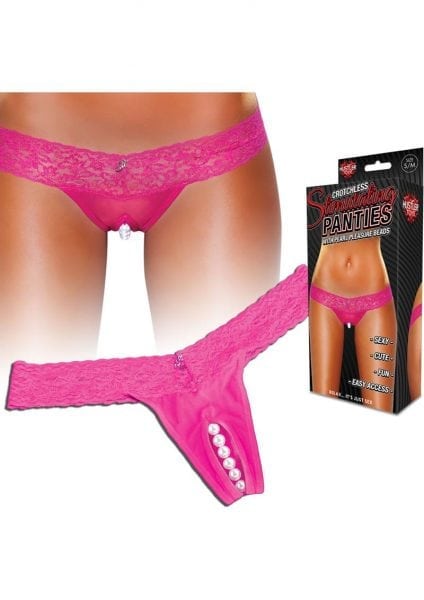 Hustler Toys Crotchless Stimulating Panties Thong With Pearl Pleasure Beads Pink Medium/Large