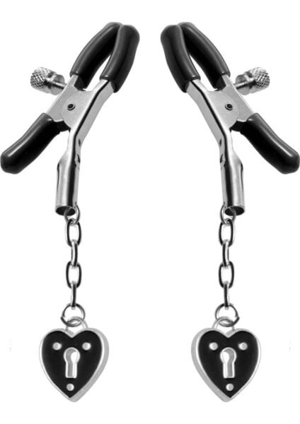 Master Series Platinum Bound Charmed Heart Padlock Nipple Clamps