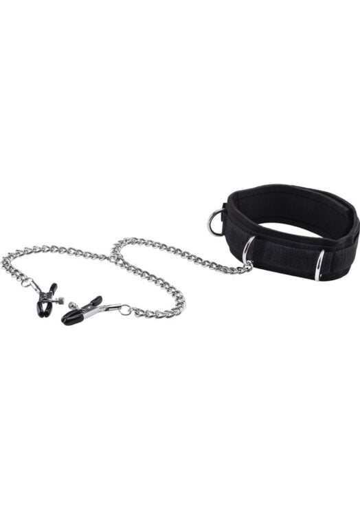 Ouch! Velcro Collar With Nipple Clamps Black