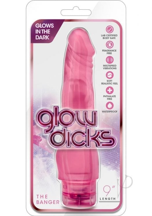 Glow Dicks The Banger Glow In The Dark Dildo Vibe Waterproof Pink 9 Inch