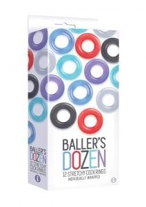 The 9's Baller's Dozen Cock Rings Assorted Colors 12 Individually Wrapped Per Box
