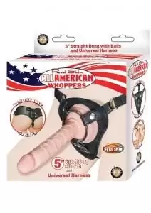 All American Whoppers Realskin Straight Dong and Universal Harness Waterproof Flesh 5 Inch
