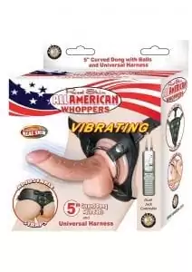All American Whoppers Wired Remote Control Vibrating Curved Dong W/Balls and Universal Harness Flesh 5 Inch