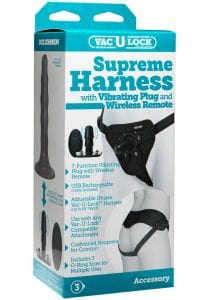 Vac U Lock Supreme Harness With Vibrating Plug And Wireless Remote USB Rechargeable Adjustable Straps Black