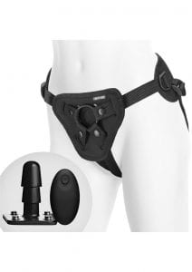 Vac U Lock Supreme Harness With Vibrating Plug And Wireless Remote USB Rechargeable Adjustable Straps Black