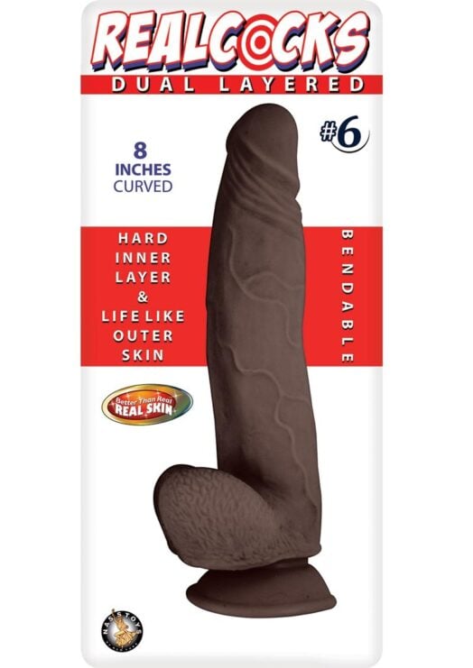 Realcocks Dual Layered #6  Bendable Realistic Dong Waterproof 8 Inches  Dark Brown