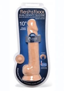 FlexhStixxx Dual Density Silicone Bendable Dong With Balls 10 in - Caramel
