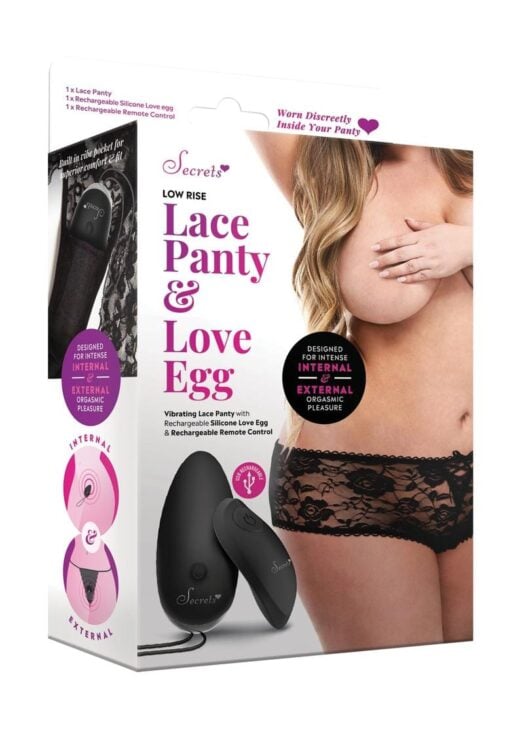 Secrets Low Rise Lace Panty And Love Egg Rechargeable With Remote Control - Plus Size - Black