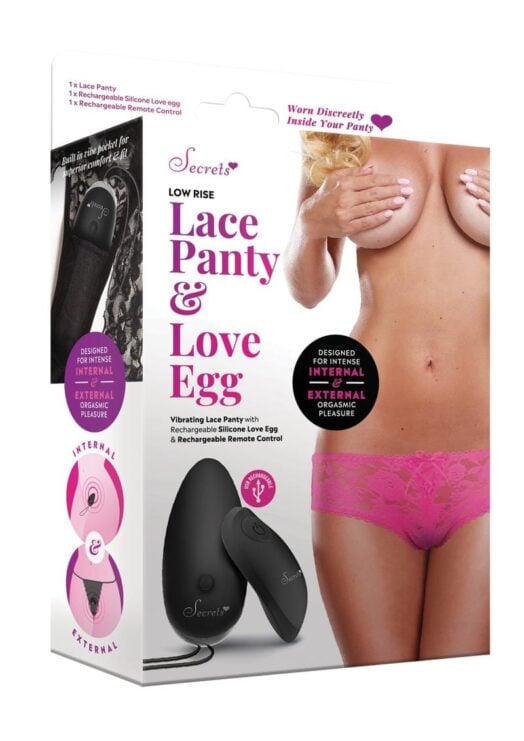 Secrets Low Rise Lace Panty And Love Egg Rechargeable With Remote Control - Hot Pink