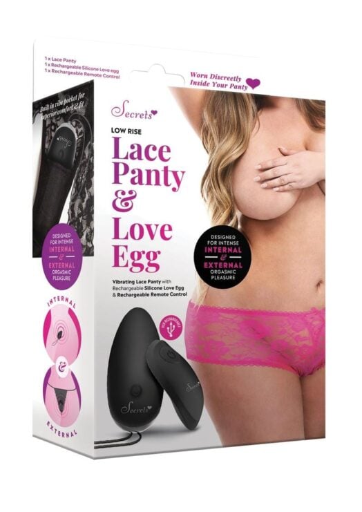 Secrets Low Rise Lace Panty And Love Egg Rechargeable With Remote Control - Plus Size - Hot Pink