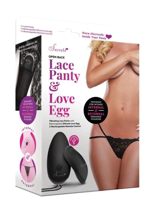 Secrets Open Back Lace Panty And Love Egg Rechargeable With Remote Control - Black