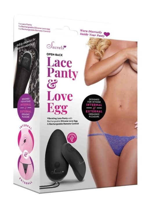 Secrets Open Back Lace Panty And Love Egg Rechargeable With Remote Control - Purple