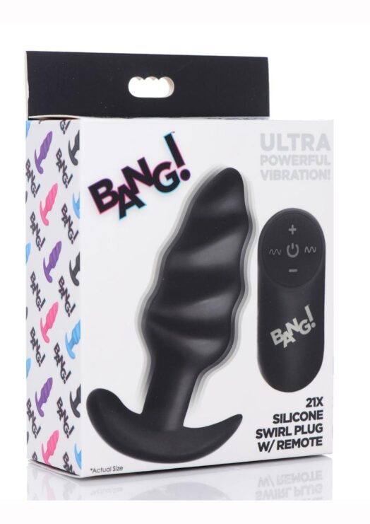 Bang! 21x Vibrating Silicone Rechargeable Swirl Butt Plug With Remote Control - Black