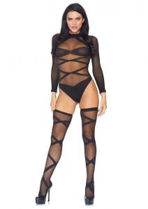 Leg Avenue Sheer Criss Cross Body Suit With Matching Thigh High (2 pieces) - O/S - Black