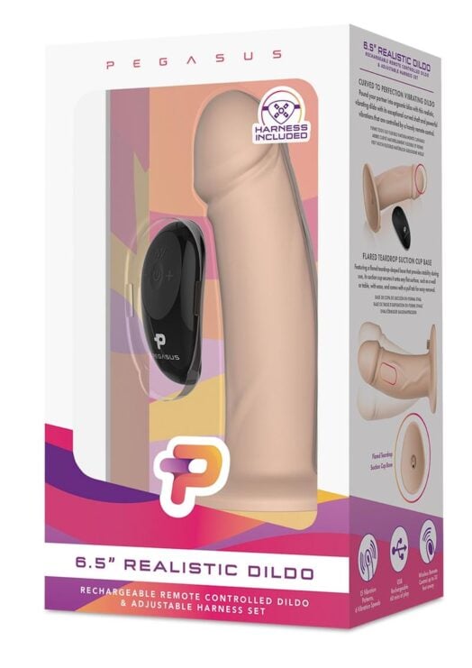 Pegasus Realistic Silicone Rechargeable Dildo With Remote Control And Adjustable Harness Set 6.5in - Vanilla