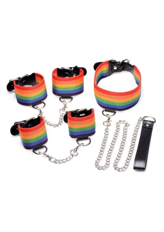 Kinky Pride Rainbow Bondage Set - Wrist/Ankle Cuffs andamp; Collar With Leash