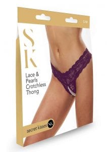 Secret Kisses Lace andamp; Pearl Crotchless Thong - S/M - Purple