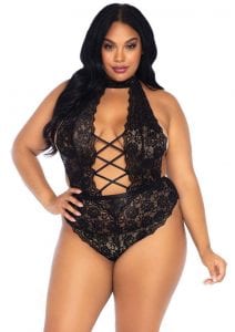 Leg Avenue High Neck Floral Lace Backless Teddy With Lace Up Accents And Crotchless Thong Panty - 1X-2X - Black