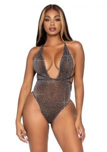 Leg Avenue Shimmer Sheer Lurex Rhinestone Bodysuit With Thong Back And Convertible Wrap-Around Straps - O/S - Black/Silver