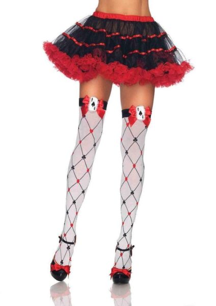 Leg Avenue Woven Diamond Card Suit Thigh High With Bow And Card Charm - O/S - White/Red/Black