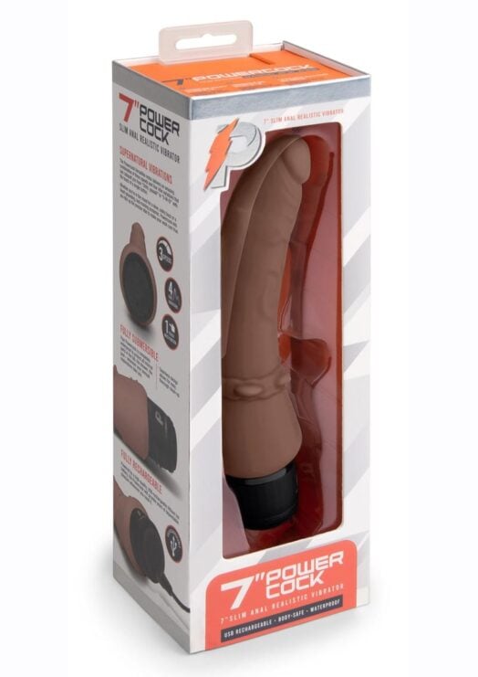 Powercocks Silicone Rechargeable Slim Anal Realistic Vibrator 7in - Chocolate