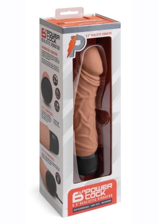 Powercocks Silicone Rechargeable Realistic Vibrator 6.5in - Mocha