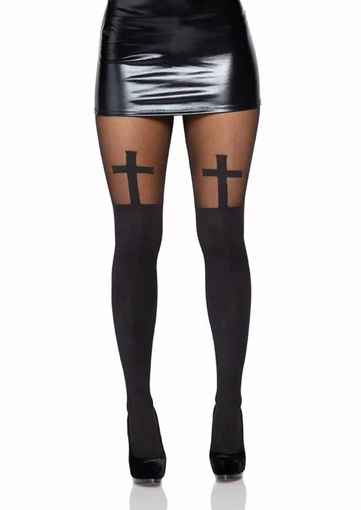 Leg Avenue Spandex Opaque Cross Pantyhose With Sheer Thigh Accent - O/S - Black