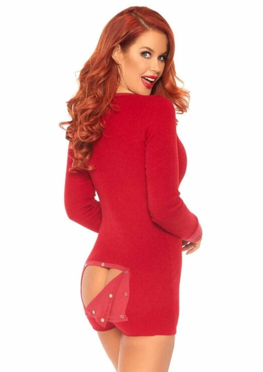 Leg Avenue Brushed Rib Romper Long Johns With Cheeky Snap Closure Back Flap - XLarge - Red