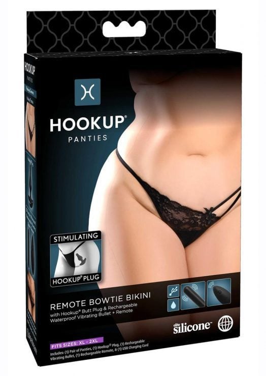 Hookup Panties Silicone Rechargeable Remote Control Bowtie Bikini - XL/2XL - Black