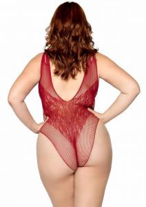 Leg Avenue Seamless Net Lace Bodysuit with Dual Shoulder Straps and Cheeky Cut Bottom - 1X/2X - Burgundy