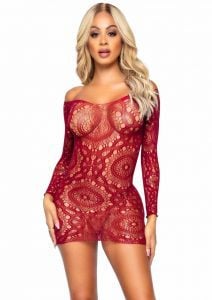 Leg Avenue Crochet Lace Long sleeved Mini Dress - O/S - Burgundy