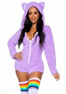 Leg Avenue Cuddle Kitty Ultra Soft Zip Up Romper with Cat Ear Hood and Tail - Small - Lavender