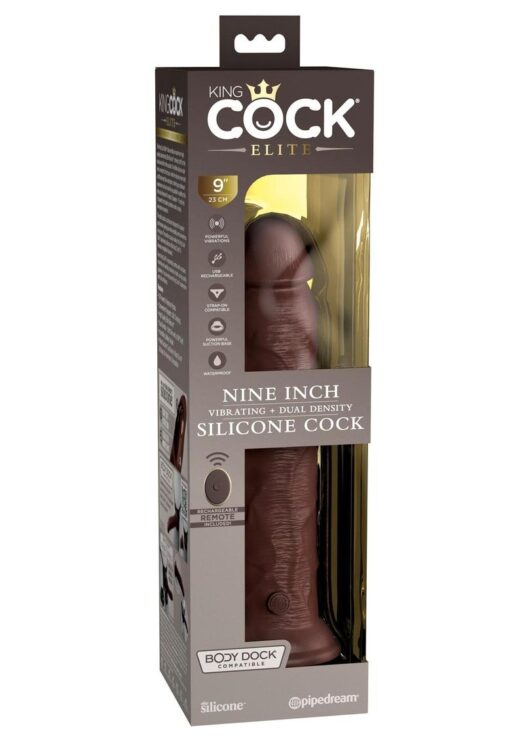 King Cock Elite Dual Density Vibrating Rechargeable Silicone Dildo with Remote Control Dildo 9in - Chocolate