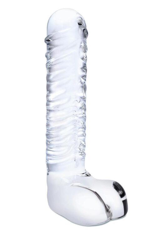 Glas Realistic Ribbed Glass G-Spot Dildo with Balls 8in - Clear