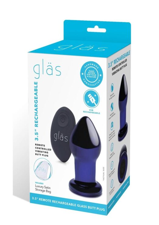 Rechargeable Remote Controlled Vibrating Glass Butt Plug 3.5in - Blue