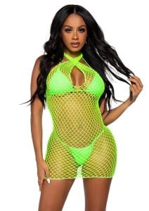 Leg Avenue Woven Net Twist Halter Mini Dress - O/S - Neon Green