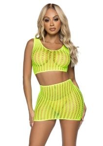 Leg Avenue Crochet Net Tank Crop Top and Mini Skirt (2 pieces) - O/S - Neon Yellow