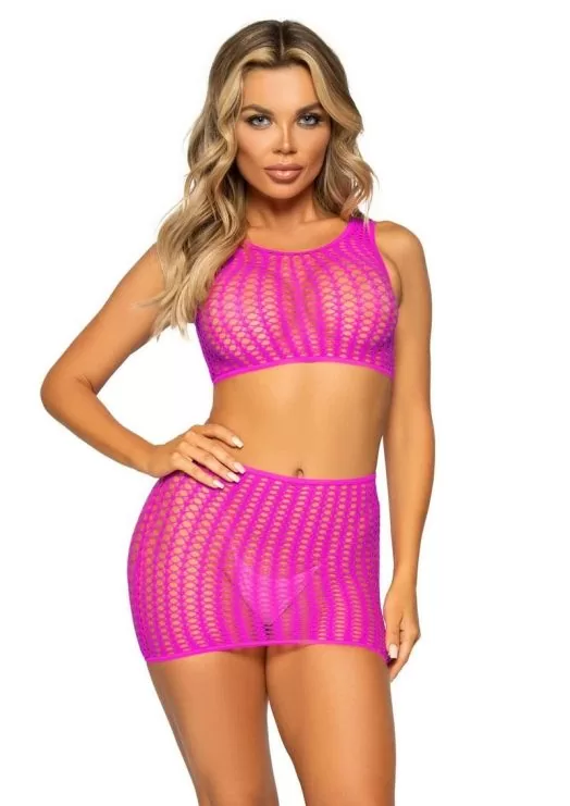 Leg Avenue Crochet Net Tank Crop Top and Mini Skirt (2 pieces) - O/S - Neon Pink