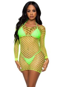 Leg Avenue Supreme Fence Net Long Sleeved Mini Dress - O/S - Neon Green