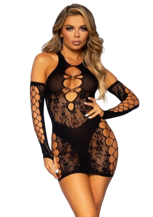 Leg Avenue Lace and Net Racer Back Mini Dress with Faux Panty Detail and Matching Gloves - O/S - Black