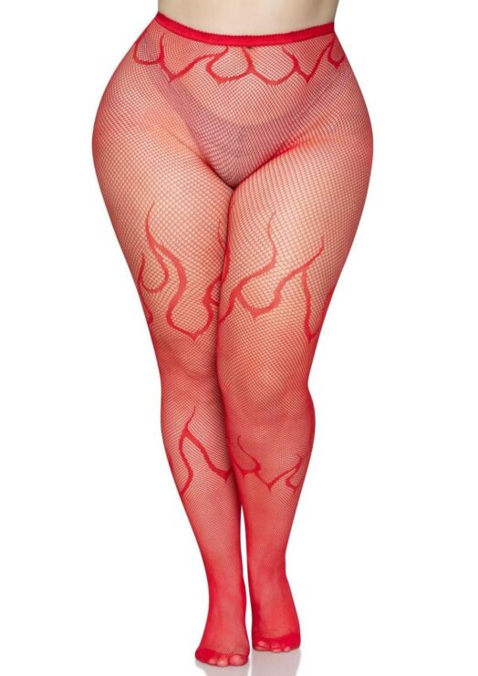 Leg Avenue Flame Net Tights - 1X/2X - Red