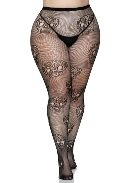 Leg Avenue Lace Skull Fishnet Tights - 1X/2X - Black