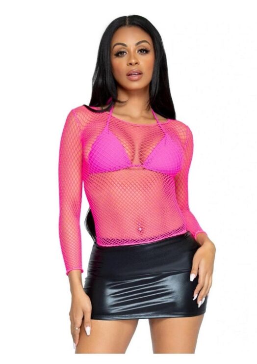 Leg Avenue Spandex Long Sleeved Industrial Net shirt - O/S - Neon Pink