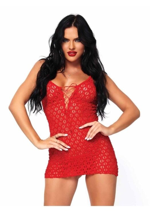 Leg Avenue Mini Dress with Lace Up Front andamp; G-String - O/S - Red