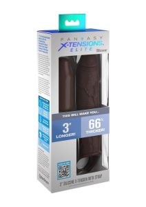 Fantasy X-Tension Elite Silicone Uncut Extension Sleeve with Strap 7in - Chocolate