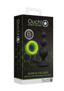 Ouch! Beads Butt Plug with Cock Ring Silicone Glow in the Dark - Green