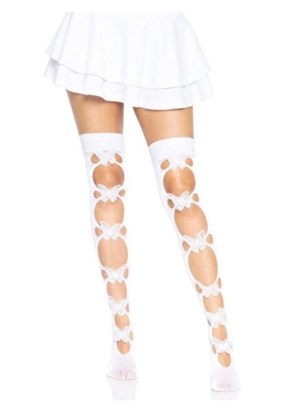 Leg Avenue Opaque Net Cut-Out Butterfly Applique Thigh Highs - O/S - White