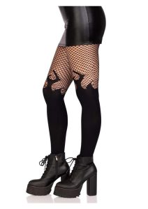 Leg Avenue Opaque Flame Tights with Fishnet Top - O/S - Black