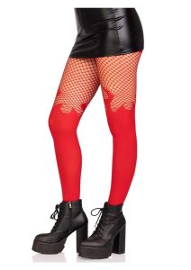 Leg Avenue Opaque Flame Tights with Fishnet Top - O/S - Red