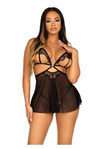 Leg Avenue Open Cup Eyelash Lace and Mesh Babydoll with Heart Ring Accent and Matching Panty - Medium - Black
